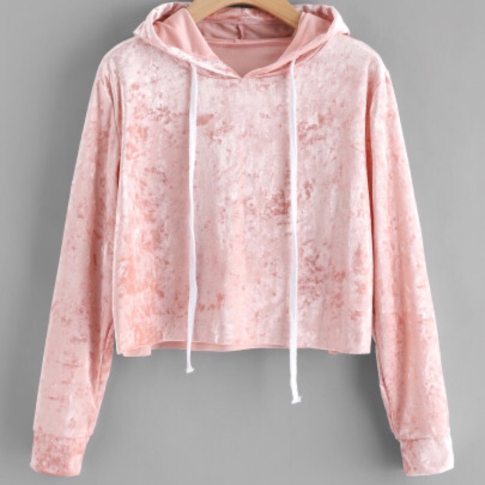 Pink velvet crop hoodie